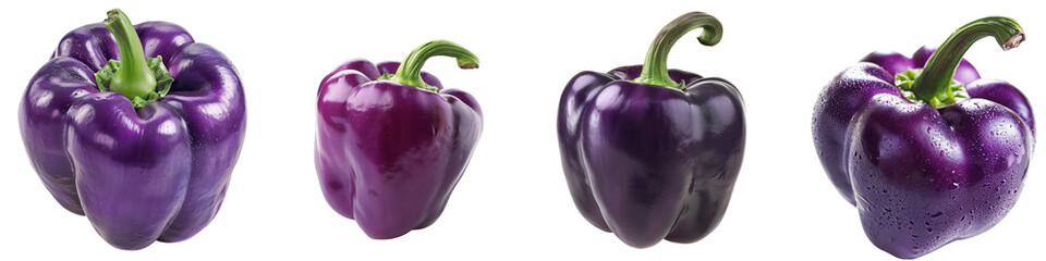 Detailed close-up of a ripe purple bell pepper tip, isolated on a white background for clipping