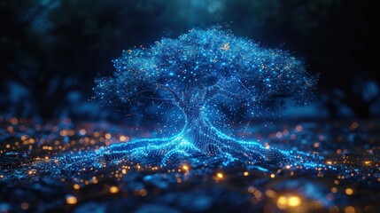 concept of network connection technology or big data, blue cyber polygon tree with futuristic element