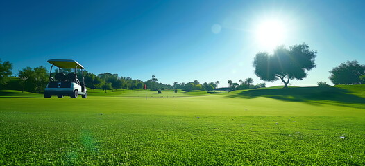 A day at a resort golf course, nice weather, beautiful course layout. Golf cart in front, golfers walking to the green, blurred human motion. Hand edited Generative AI. 