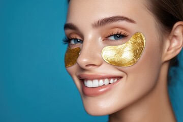 Gold Under Eye Mask. Beautiful Woman Model Using Eye Patches Skincare for Under Eye