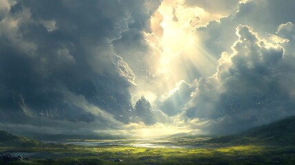 A picturesque landscape with a river flowing through a valley, surrounded by mountains and a dramatic cloudy sky with sunlight breaking through.