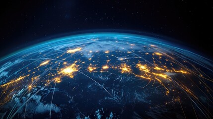 Poster - a network of glowing lines connecting global business hubs on a digital globe.