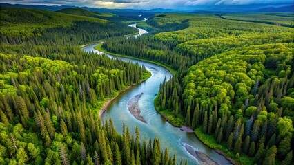 Wall Mural - Aerial view of river fork in remote Alaskan forest, Alaska, river, forest, aerial view, remote, wilderness, trees