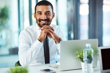 Fototapete - Man, portrait and laptop for finance planning in office, digital budget report and email feedback. Male person, accountant and website for managing company expenses online, ecommerce and investment