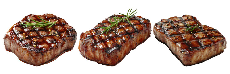 Grilled steak set isolated on transparent background ideal for food and barbecue themed designs and concepts with juicy texture