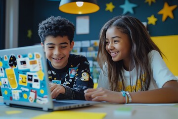 portrait of two happy children using laptop in classroom at school. education concept.