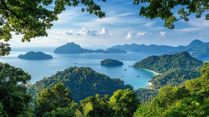 Poster - A serene scene of Thai islands and lush mountains, surrounded by the calm ocean waters. Ideal for highlighting the beauty of travel and adventure in Phuket.