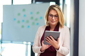 Poster - Business, research and woman with tablet in office for investment, feedback and finance news. Corporate accountant, smile and work with tech for internal audit report, evaluation or review of revenue