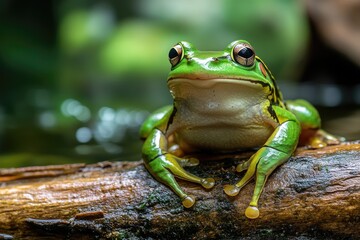 Wall Mural - Frog On A Log. Close-up View of Green Amphibian in Nature Wildlife Habitat