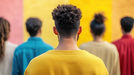 Man Facing Backwards. Diverse Group of People in Colorful Casual Attire Communicating from Behind