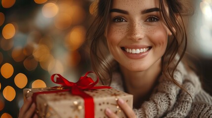 Woman gleefully holds Christmas gift close, radiating joy and delight with her vibrant smile