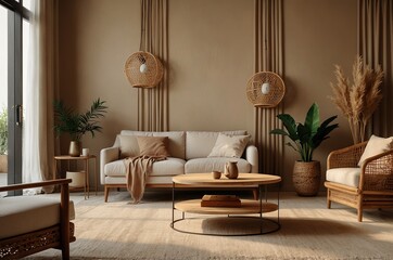 Wall Mural - Warm composition of living room interior with beige sofa, wooden coffee table, rattan sideboard, partition wall, lamp, beige carpet, stylish armchair and personal accessories. 