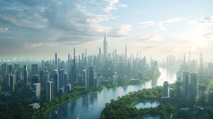 A panoramic view of the city skyline in the 2060s, fully integrated smart city, futuristic buildings with eco-friendly designs, autonomous vehicles, vibrant and utopian urban environment,