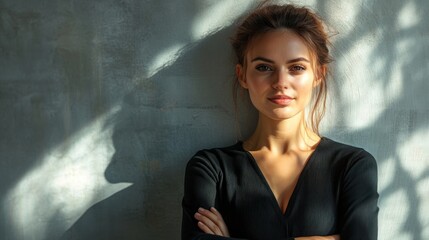 Wall Mural - A woman in a black dress stands in front of a wall, with her arms crossed