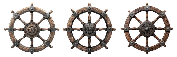 Ship wheel set isolated on transparent background ideal for nautical or maritime designs