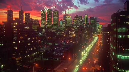 Wall Mural - A wide-angle view of the city skyline in the 1980s, a mix of mid-rise buildings and new skyscrapers, bustling streets with more traffic, neon lights starting to appear, vibrant evening atmosphere,