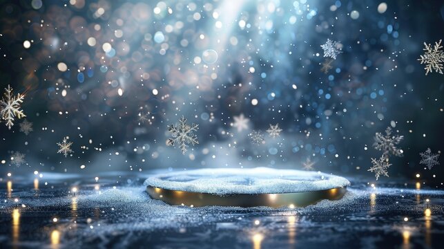 Create a festive winter podium background with sparkling snowflakes falling gently around a grand podium.