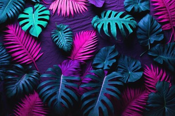 Wall Mural - Creative fluorescent color tropical leaves layout.