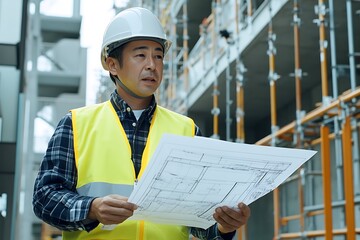 Portrait of Asian man engineer working with blueprints at construction site.