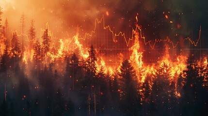 Aerial view of a climate change impact chart showing temperature growth from 2000 to 2020, detailed graph with sharp upward trend, vibrant reds and oranges, background of a forest fire,