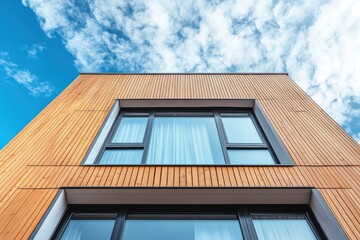 Poster - Contemporary vertical openings on residential faзade showcasing wood detailing against a sky background