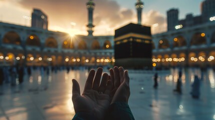 Wall Mural - Muslim praying to Allah in front of Kaaba. Islam Iconic Mosque, Al Haram Mecca Saudi Arabia. Muslim Praying Hands in front of The Holy Kaaba which is the center of Islam inside Masjid Al Haram Mecca