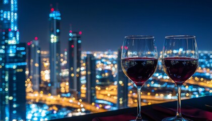 panoramic restaurant setting with two glasses of red wine on the table, overlooking a breathtaking night view of towering skyscrapers illuminated against the dark sky