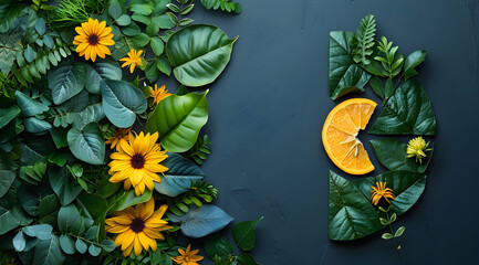 Sticker - Abstract Illustration of Green Leaves, Orange Slice and Yellow Flowers