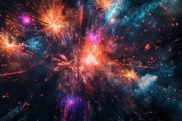 Poster - Colorful illustrations of repeating dual patterns under bright fireworks exploding against a dark background