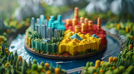 Sticker - 3D Miniature Cityscape with Colorful Terrain and River