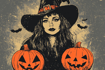 A witch with Halloween pumpkins, vintage illustration with grungy halftone paper texture