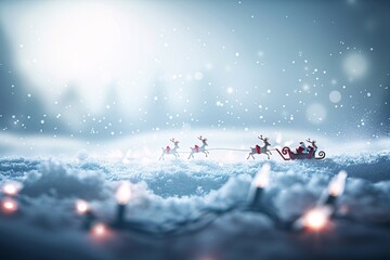 Poster - A cheerful 3D Christmas landscape with Santa's sleigh and reindeer flying across a starry night sky, leaving generous copy space for messages or graphics.