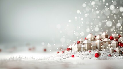 Poster - a 3d-rendered christmas background with a warmly lit village, snow-covered rooftops, and a central a