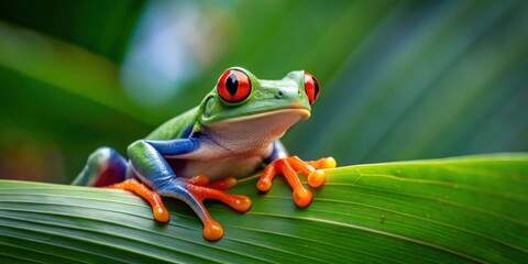 Vibrant red eyed tree frog perched on green leaf, frog, red-eyed, tree frog, tropical, rainforest, wildlife, vibrant, colorful