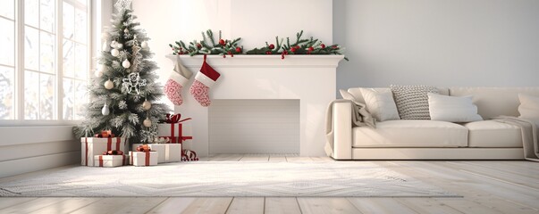 Poster - a 3d christmas background showcasing a cozy living room with a decorated tree, fireplace, and stocki