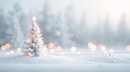 Poster - A 3D Christmas background featuring a snowy forest with twinkling lights and a decorated tree, offering plenty of copy space for holiday messages.