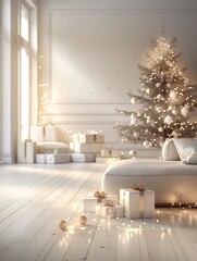 Poster - a 3d-rendered christmas scene with a warmly lit living room, decorated tree, and gifts, offering gen