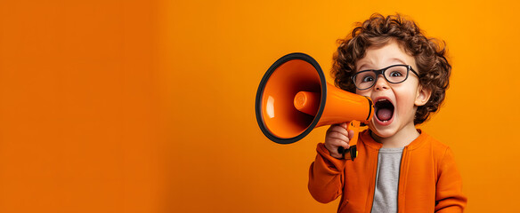 Poster - Young toddler boy happily screaming in megaphone loudspeaker on studio orange background. Important announcement news, significant messages sale discount concept. Copy paste place for text