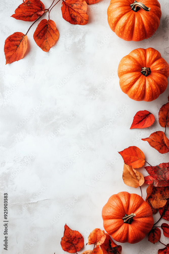 Vertical fall background with orange pumpkins and fall leaves on a ...