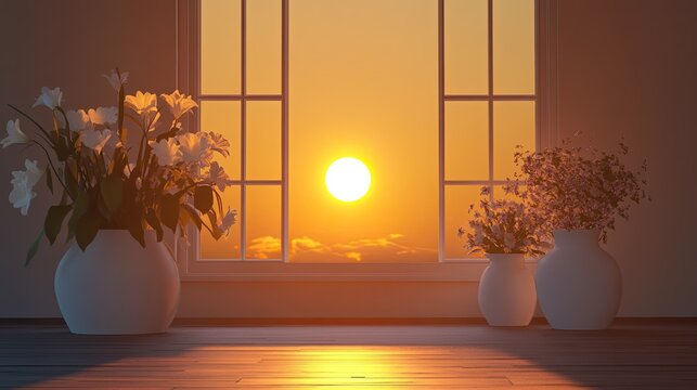 Glowing 3D sun, illuminating a room with two large windows and white vases with fresh flowers.