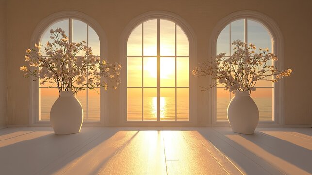 Glowing 3D sun, illuminating a room with two large windows and white vases with fresh flowers.