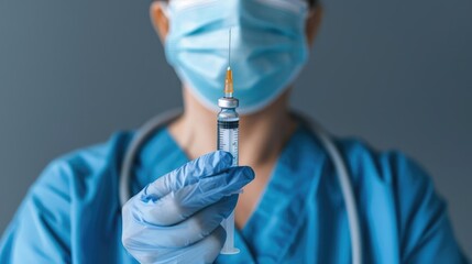 Healthcare worker wearing a mask and holding a flu vaccine syringe, showcasing the dual approach of vaccination and masking for flu prevention