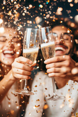 happy smiling group of mixed race young people holing champagne glasses, laughing and having fun at 