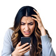 © Jani - beautiful young brunette woman with mobile phone with an anxious or disgusted expression on her face, stress, shock, anxiety, social media, bad news,  isolated on transparent background
