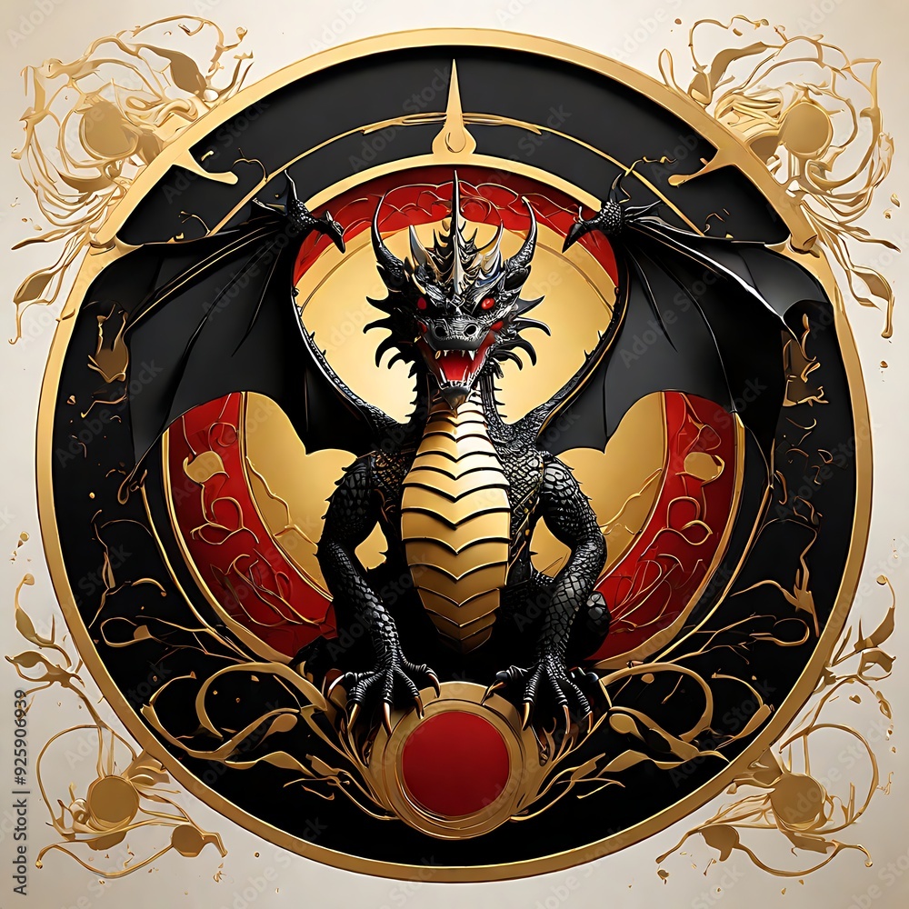 Black dragon in golden armor with a red background in a gold frame ...