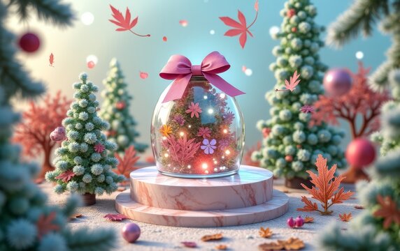 Kawaii Christmas Wonderland”: A pastel-colored podium in a snowy fantasy landscape, with oversized plush toys and candy canes, topped with a cute, glittering gift box