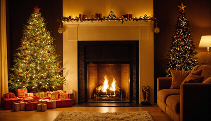 Wall Mural - Stylish living room interior with beautiful fireplace, Christmas tree and other decorations at night