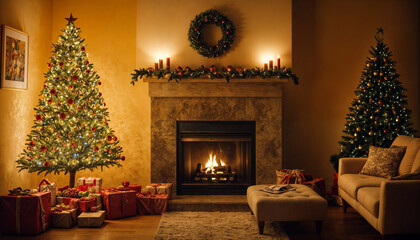 Wall Mural - Stylish living room interior with beautiful fireplace, Christmas tree and other decorations at night