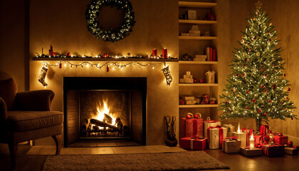 Wall Mural - Stylish living room interior with beautiful fireplace, Christmas tree and other decorations at night