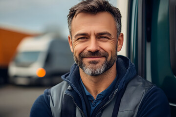 Business distribution and fast safe logistics Active happy adult man. Close-up portrait of male truck driver in front of van smiling to camera with transport on background